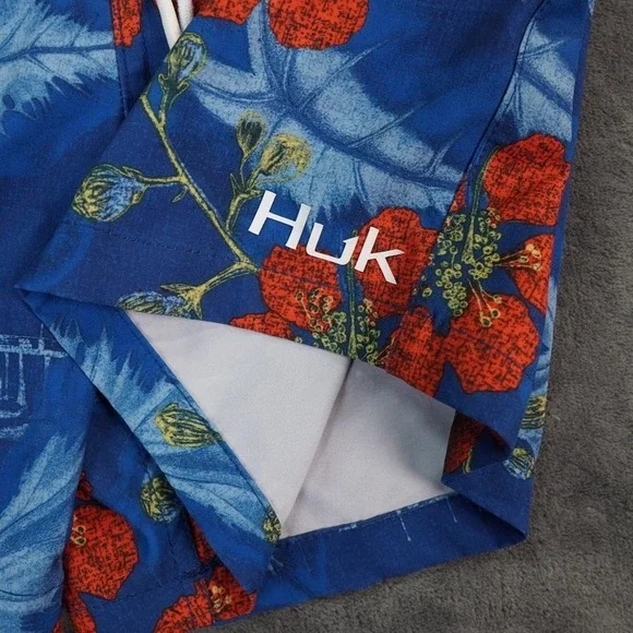 Huk Swim Trunks Mens Small Blue 5.5" Lined Floral Pier Volley Shorts Fishing - Picture 3 of 8